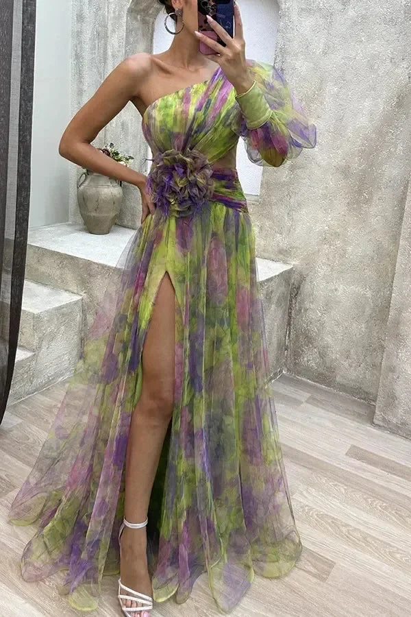 Elegant Oblique Shoulder Single-sleeve  Zipper High Slit Mesh Long Dress For Women Fashion Flower Decoration Party Dress Female Femstylo