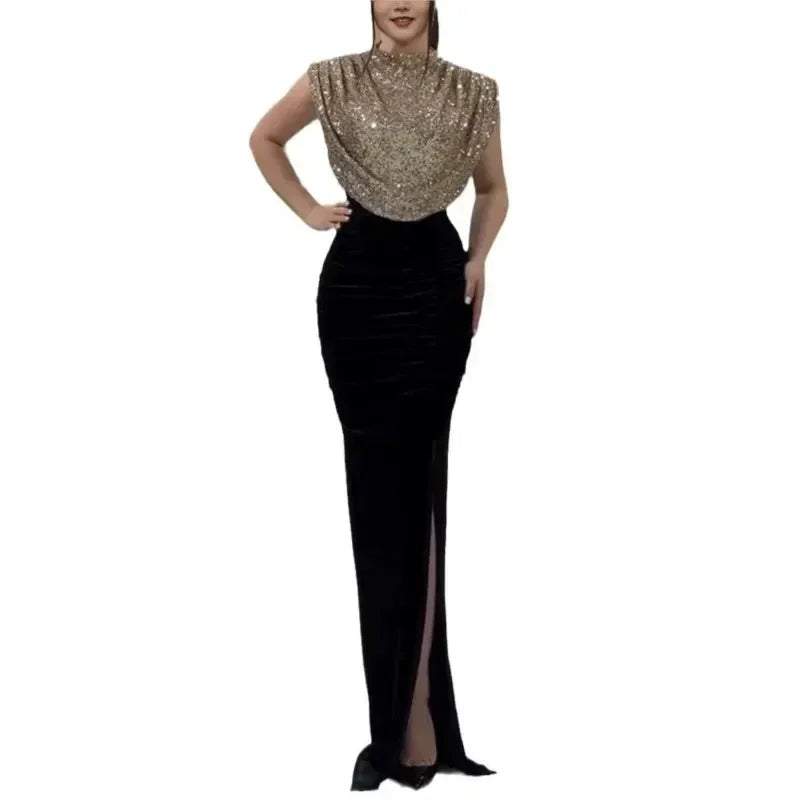 Lady Fashion Sleeveless Draped Split Dress Casual O Neck Sequin Splicing Party Dress 2025 New Year Elegant High Waist Long Dress Femstylo