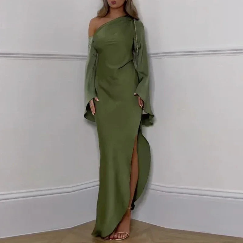 Sexy Oblique Shoulder Solid Irregular Dress Women Elegant Skew Collar Backless Long Dress Autumn Flare Sleeve Slit Party Dresses Femstylo