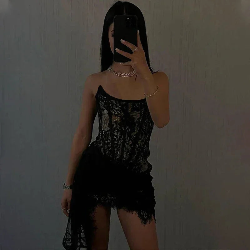 Candyhot Elegant Lace Strapless Sexy See-through Dress Bandage Irregular Mini Dress For Women Summer Slim Street Party Dress Femstylo