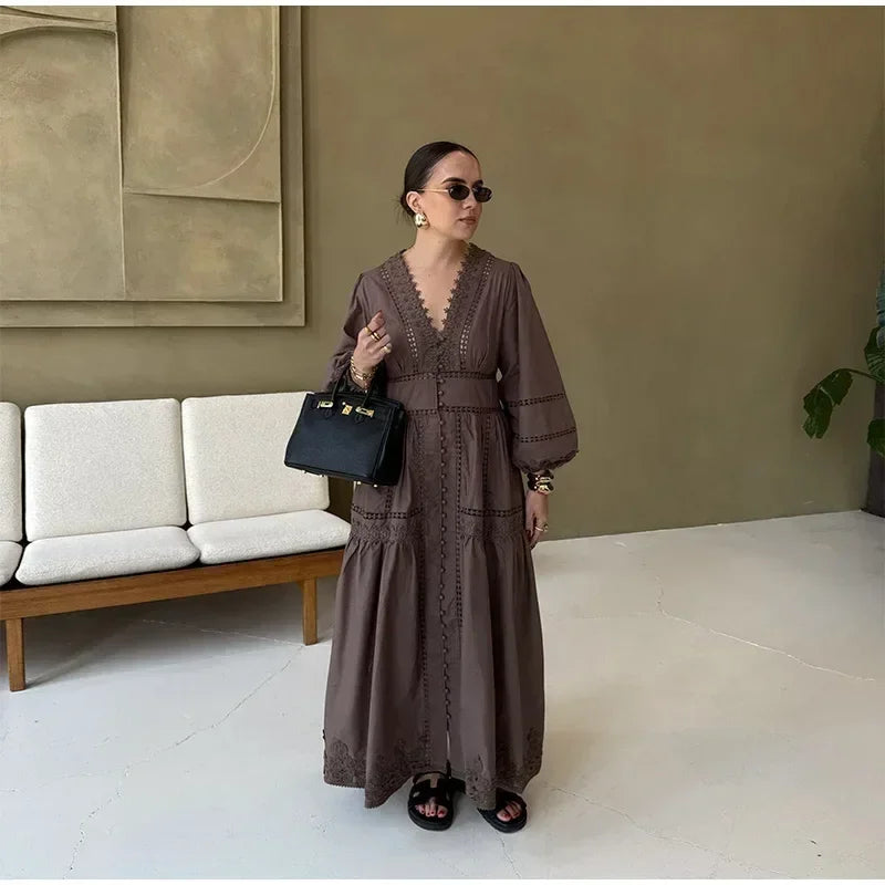 Elegant Lace Patchwork Hollow Out Dress Women Solid V-neck Long Lantern Sleeve Loose Dresses 2025 Spring Vacation Lady Robes Femstylo