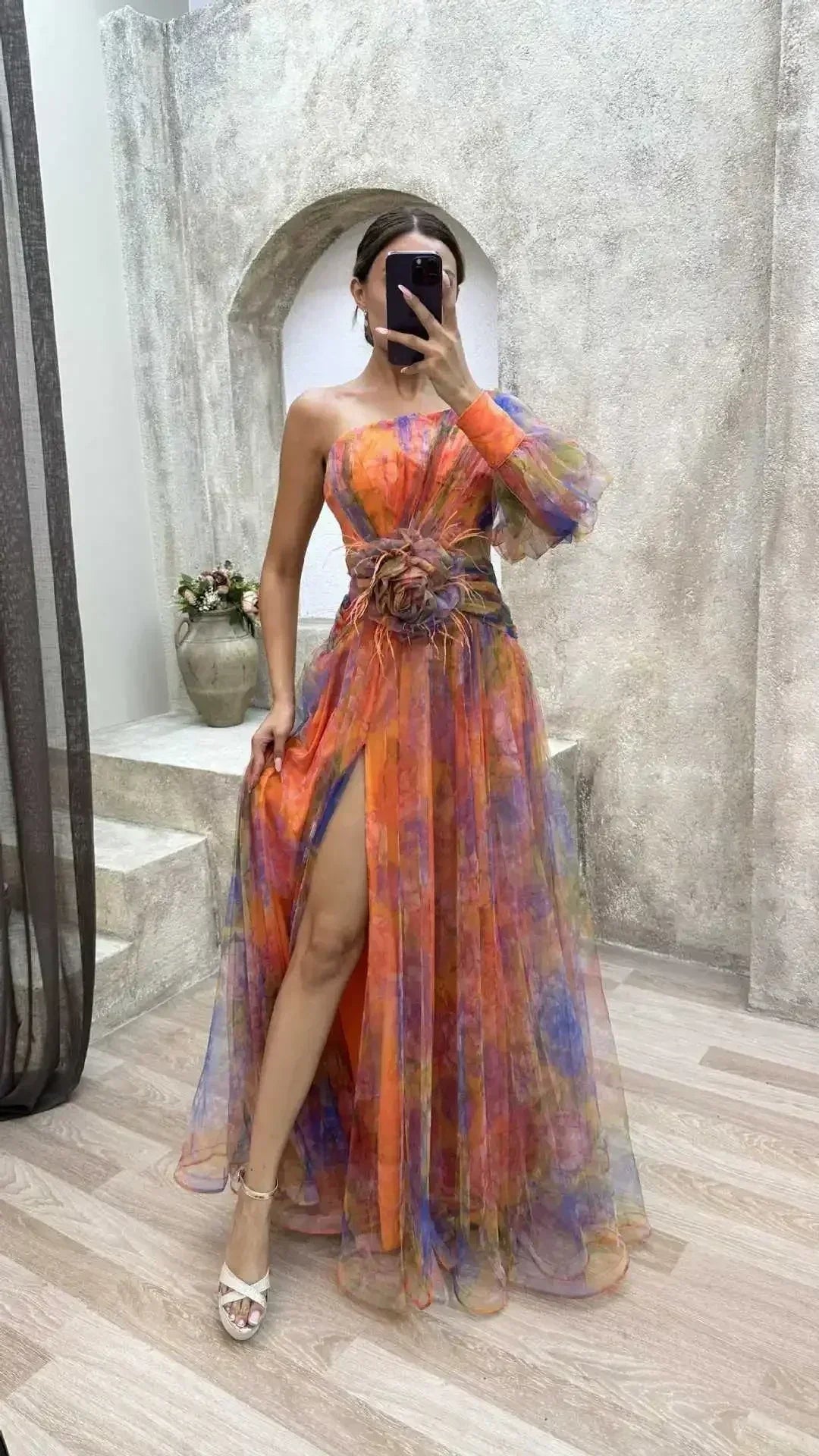 Elegant Oblique Shoulder Single-sleeve  Zipper High Slit Mesh Long Dress For Women Fashion Flower Decoration Party Dress Female Femstylo