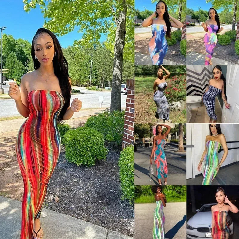 Spring And Summer Dresses For Women Chest Wrap Printed Off Shoulder Bandage Slim Sexy Long Dress 2023 New Fashion party MsChuh Femstylo