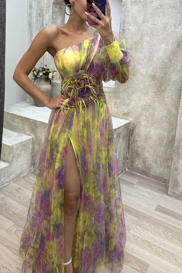 Elegant Oblique Shoulder Single-sleeve  Zipper High Slit Mesh Long Dress For Women Fashion Flower Decoration Party Dress Female Femstylo