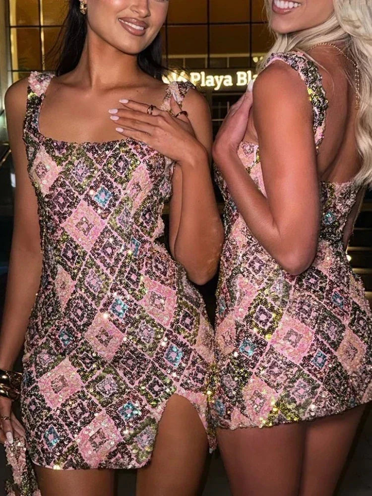 Colorful Rhombus Sequins Sexy Mini Dress Elegant Chic Straps Slit Bodycon Party Dresses Summer Holidays Evening Women Dress 2025 Femstylo