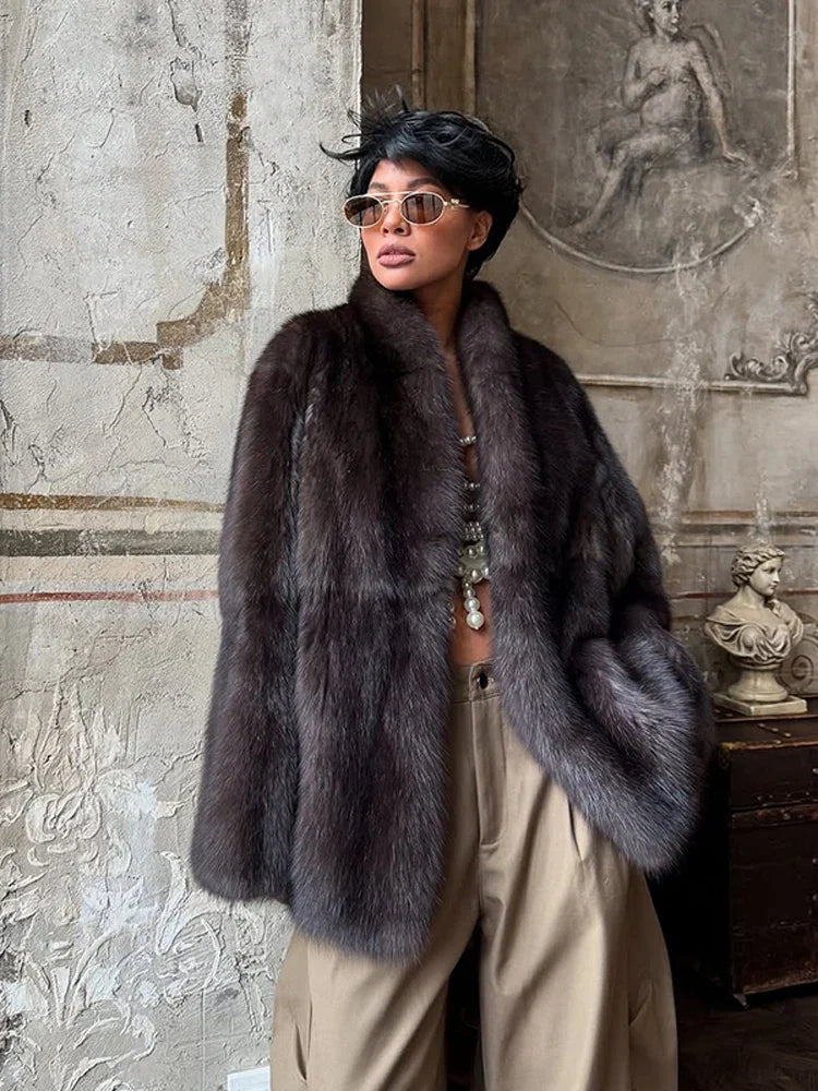Solid Medium-length Fur Coat Women Elegant Lapel Hidden Button Loose Outerwear 2025 Winter New Office Lady Commute Overcoat Urban Fashion Icon