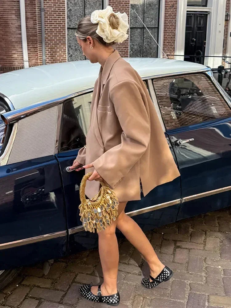 Women's V-Neck Side-Buttoned Suit Jacket Long Sleeve Solid Color Coats Pocket Cuffs Oversize Tops High Street Female Clothes Femstylo