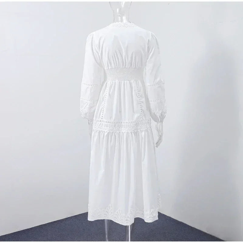 Elegant Lace Patchwork Hollow Out Dress Women Solid V-neck Long Lantern Sleeve Loose Dresses 2025 Spring Vacation Lady Robes Femstylo