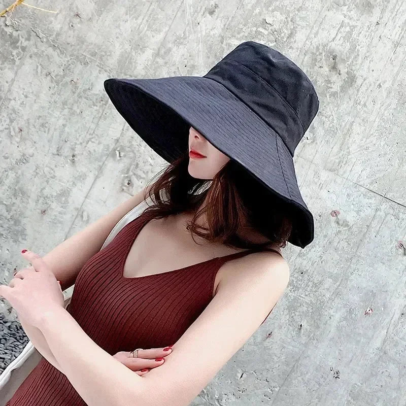 Japanese Sunshade Female Spring and Summer Sunscreen Free To Fold Big Brim Sun Hat Fisherman Hat Cover Face Oversized Hair Femstylo