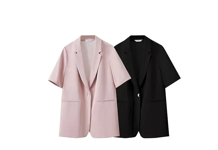 Amii Women's Top Minimalist 2025 Summer New Notched Lapel Contrast Material Patchwork One Button Short Sleeve Blazer 12542081 Femstylo