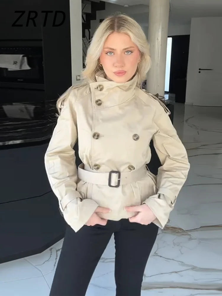 Fashion Women's Short Belt Jackets Turtleneck Double Breasted Full Sleeve Female Trench Coats 2025 Autumn Lady Commute Outwear Urban Fashion Icon