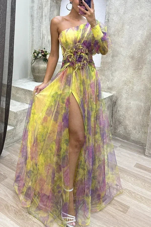 Elegant Oblique Shoulder Single-sleeve  Zipper High Slit Mesh Long Dress For Women Fashion Flower Decoration Party Dress Female Femstylo