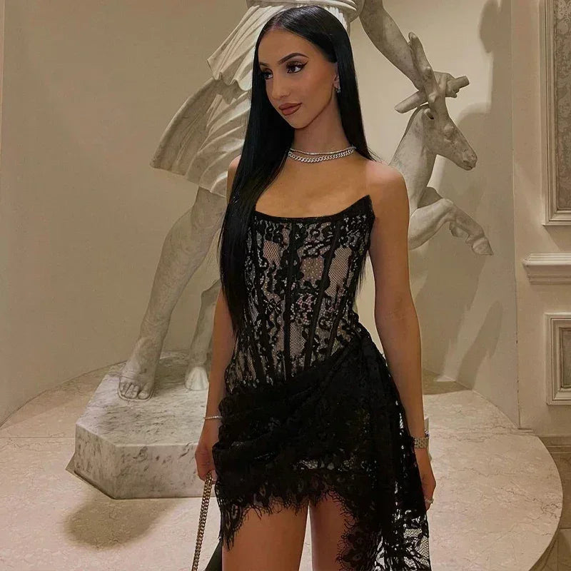 Candyhot Elegant Lace Strapless Sexy See-through Dress Bandage Irregular Mini Dress For Women Summer Slim Street Party Dress Femstylo