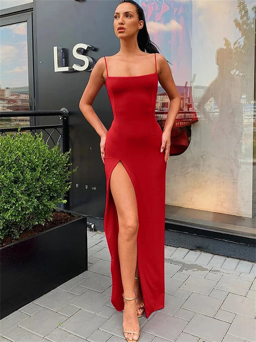 Women Summer Sexy Bodycon Dress Lady Sexy Spaghetti Strap Sleeve Split Solid Color Sheath Dress Vestidos Urban Fashion Icon