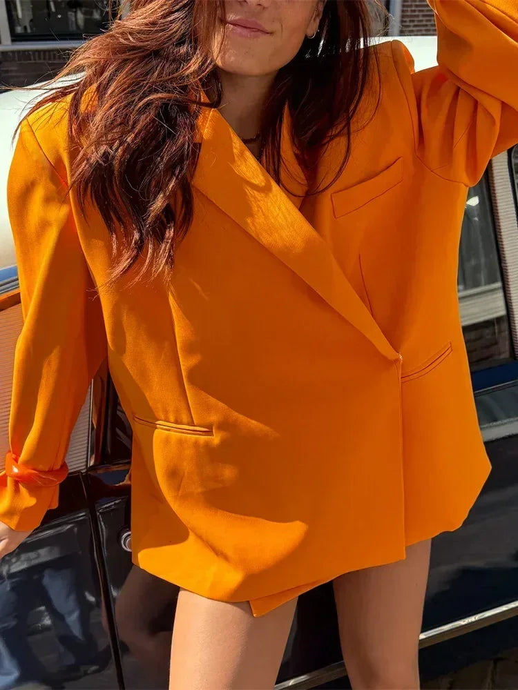Women's V-Neck Side-Buttoned Suit Jacket Long Sleeve Solid Color Coats Pocket Cuffs Oversize Tops High Street Female Clothes Femstylo
