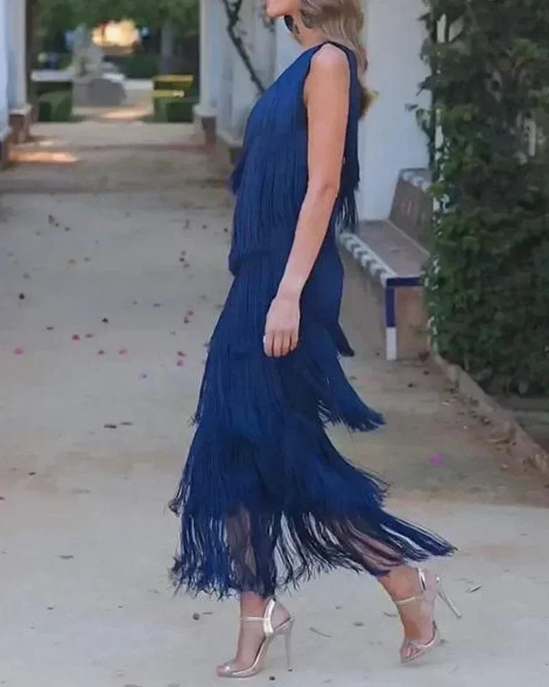 Spring and Summer New Fashion Fringed Slanted Shoulder Asymmetrical Dress for Women Femstylo