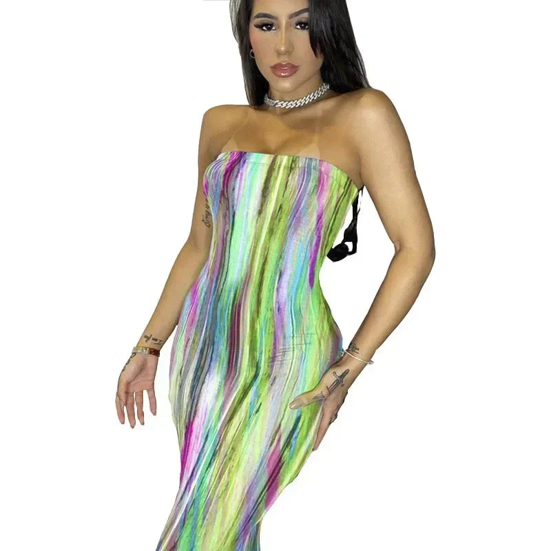 Spring And Summer Dresses For Women Chest Wrap Printed Off Shoulder Bandage Slim Sexy Long Dress 2023 New Fashion party MsChuh Femstylo