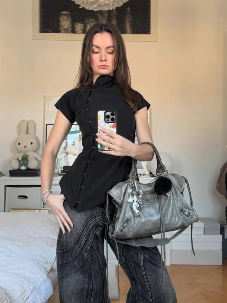 Women Vintage Black Irregular Buttons Top Fashion Solid Lapel Short Sleeve Slim Cropped Blouse 2026 Lady Daily Street Y2k Tops Urban Fashion Icon
