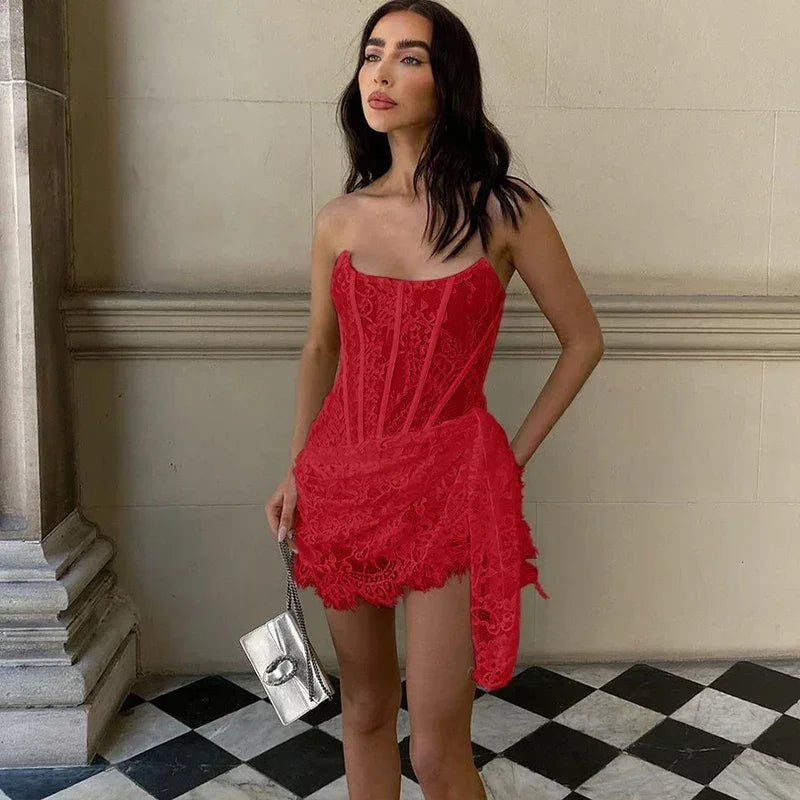 Candyhot Elegant Lace Strapless Sexy See-through Dress Bandage Irregular Mini Dress For Women Summer Slim Street Party Dress Femstylo