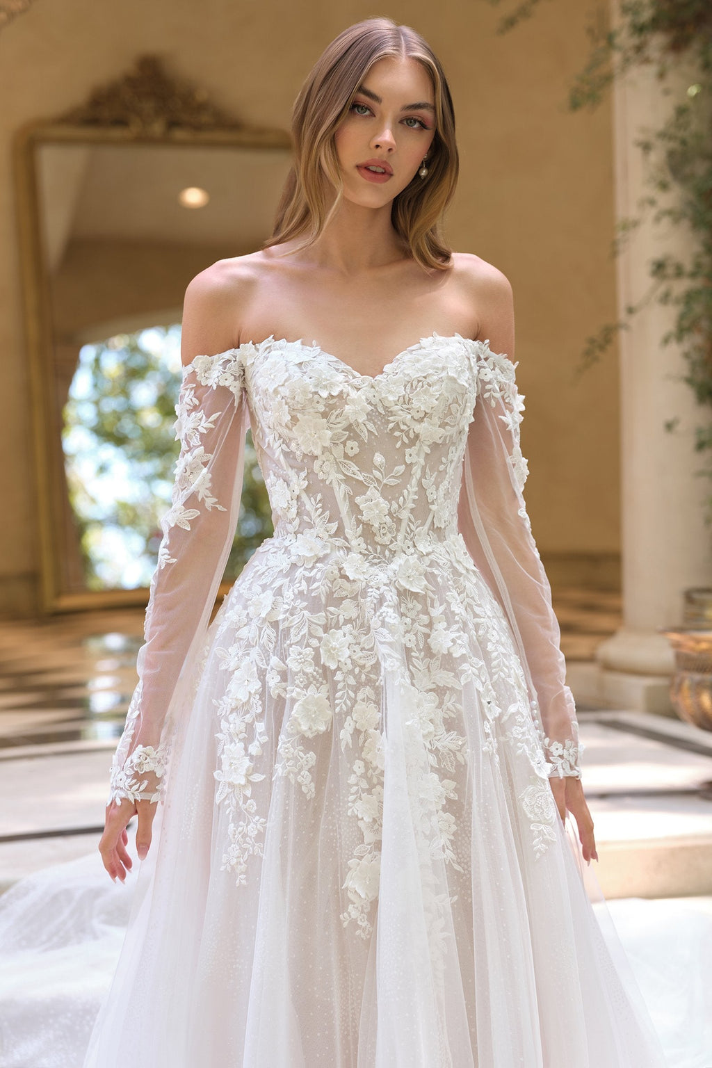 Andrea & Leo WL067 Off the Shoulder Sheer Illusion Sleeves Wedding Ball Gown DiscountDressShop