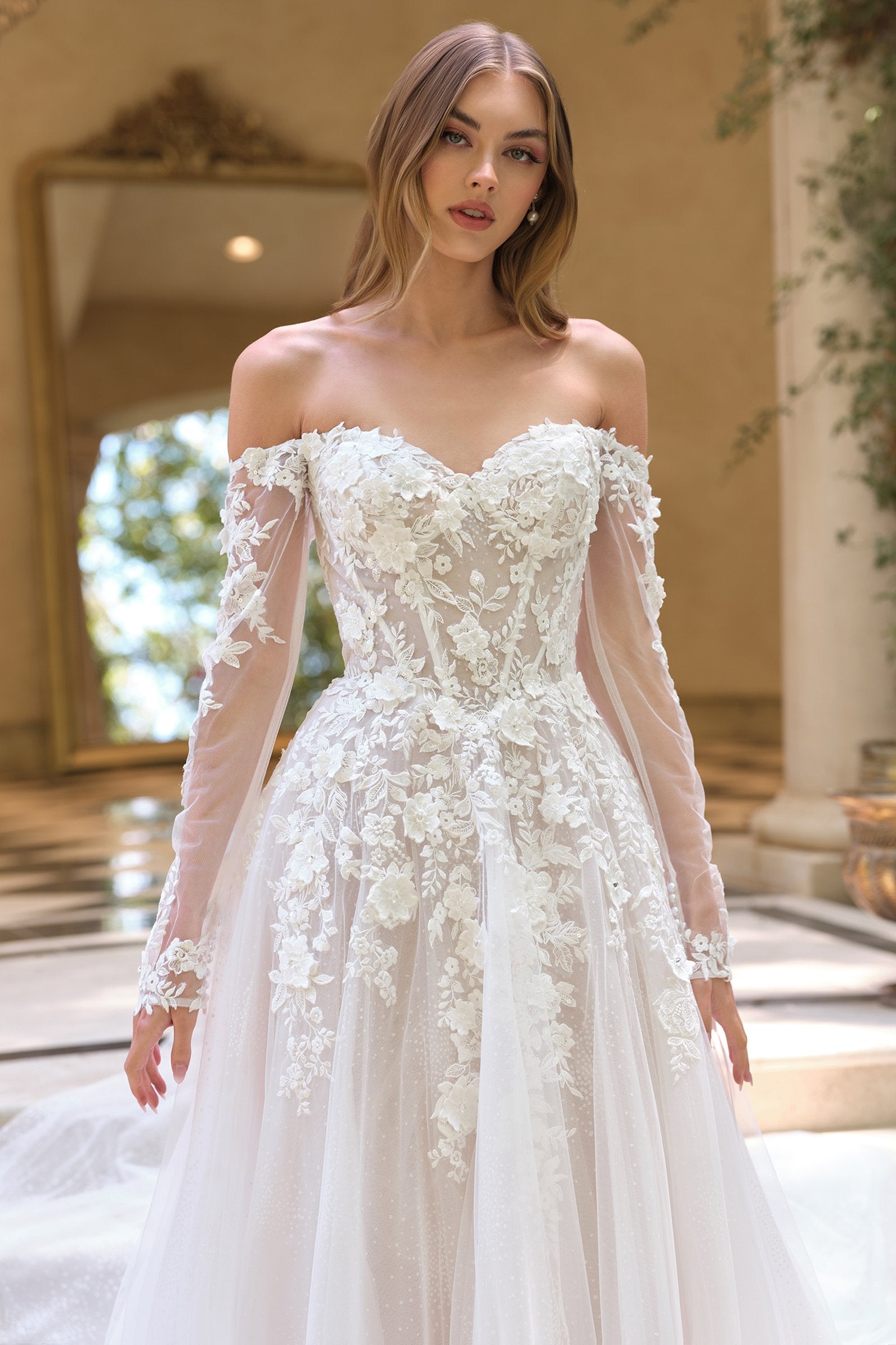 Andrea & Leo WL067 Off the Shoulder Sheer Illusion Sleeves Wedding Ball Gown DiscountDressShop