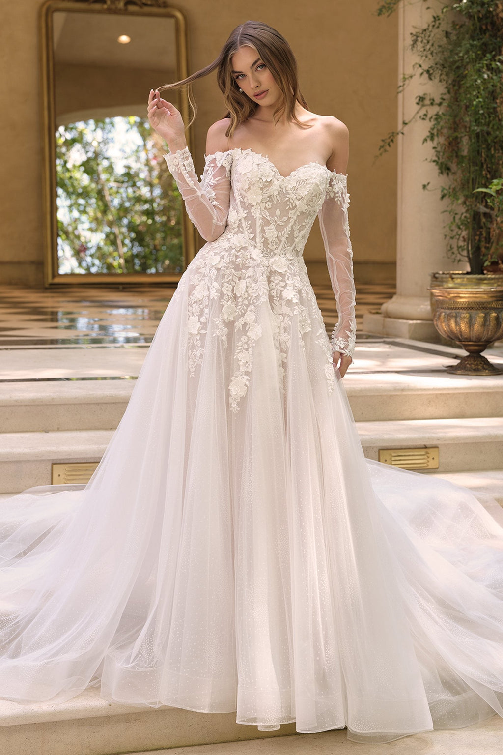 Andrea & Leo WL067 Off the Shoulder Sheer Illusion Sleeves Wedding Ball Gown DiscountDressShop