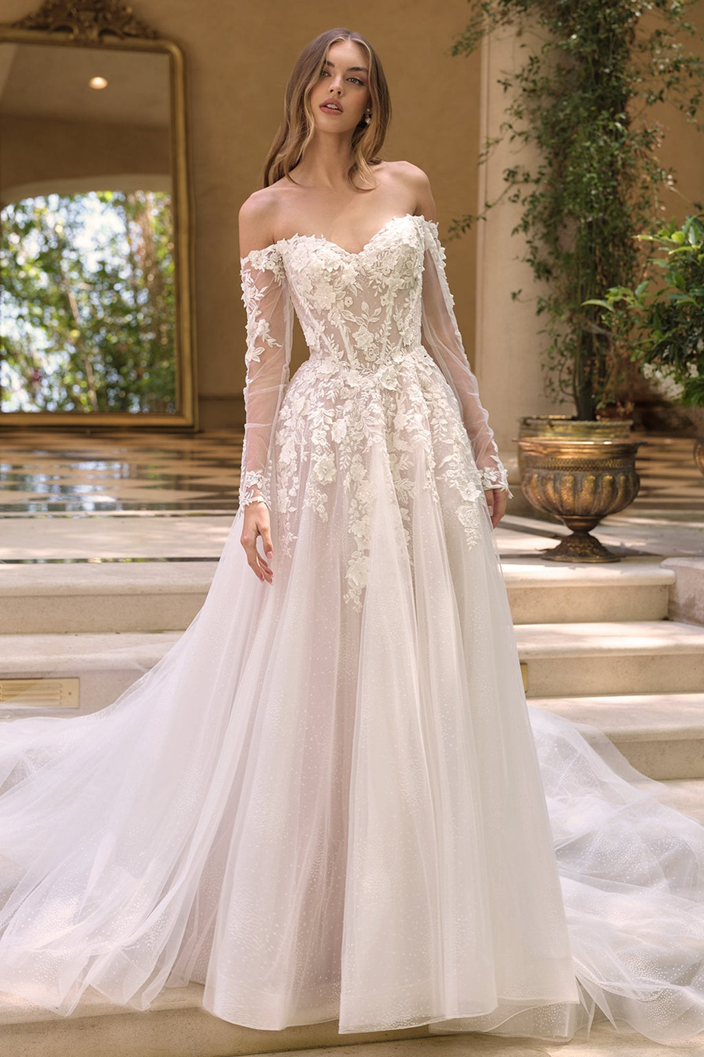 Andrea & Leo WL067 Off the Shoulder Sheer Illusion Sleeves Wedding Ball Gown DiscountDressShop