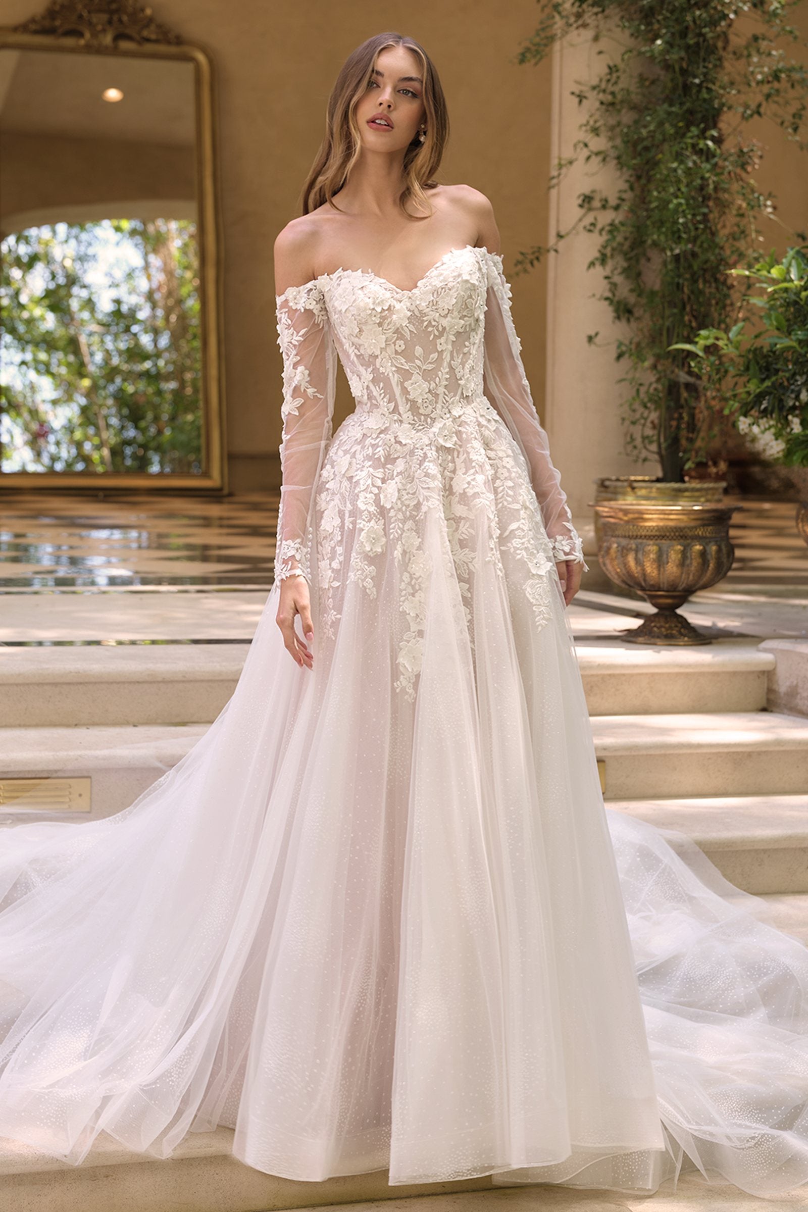 Andrea & Leo WL067 Off the Shoulder Sheer Illusion Sleeves Wedding Ball Gown DiscountDressShop