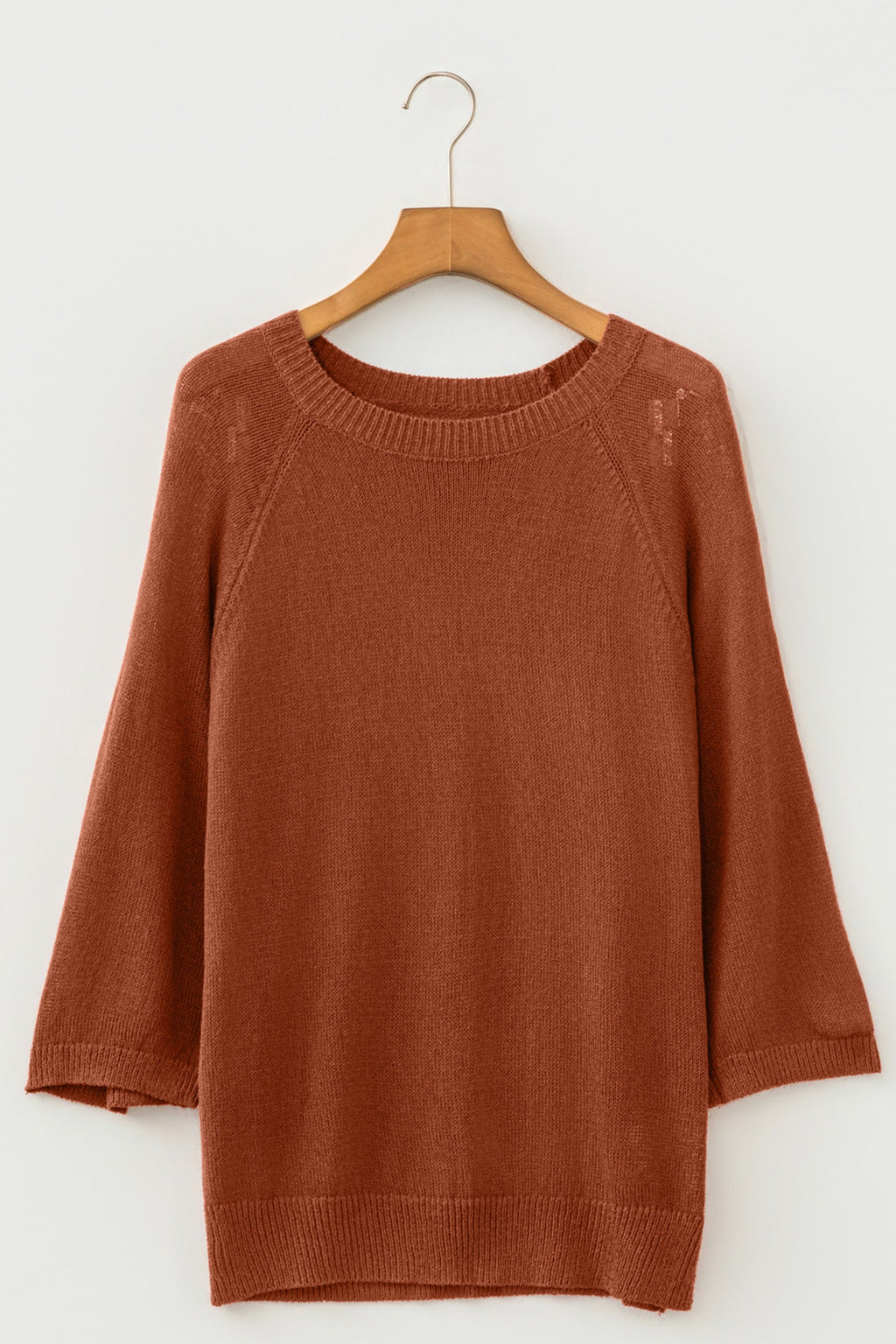 Ribbed Knit Round Neck 3/4 Sleeve Sweater Pretty Bash