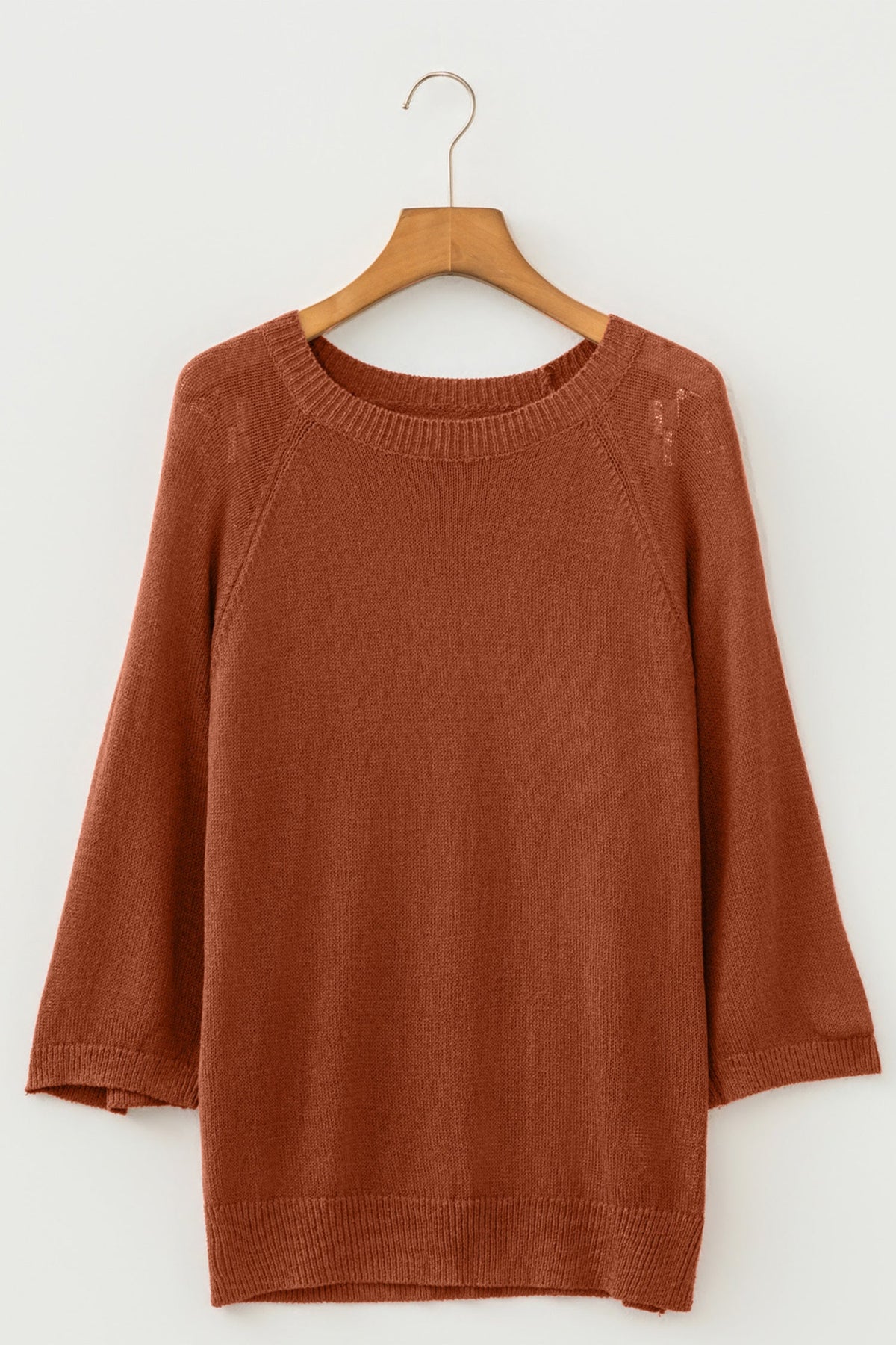 Ribbed Knit Round Neck 3/4 Sleeve Sweater Pretty Bash
