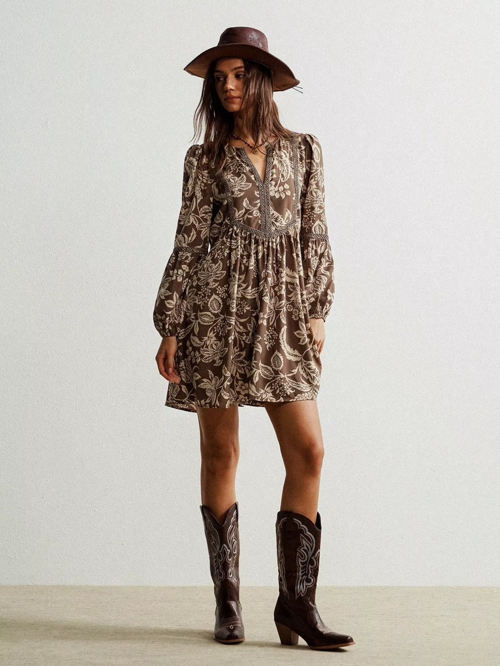 Plus Size Printed Notched Long Sleeve Dress Shopimist