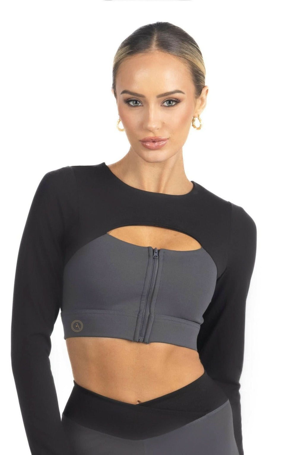 Alisha Color Block Activewear Long Sleeve Top in Black Akalia
