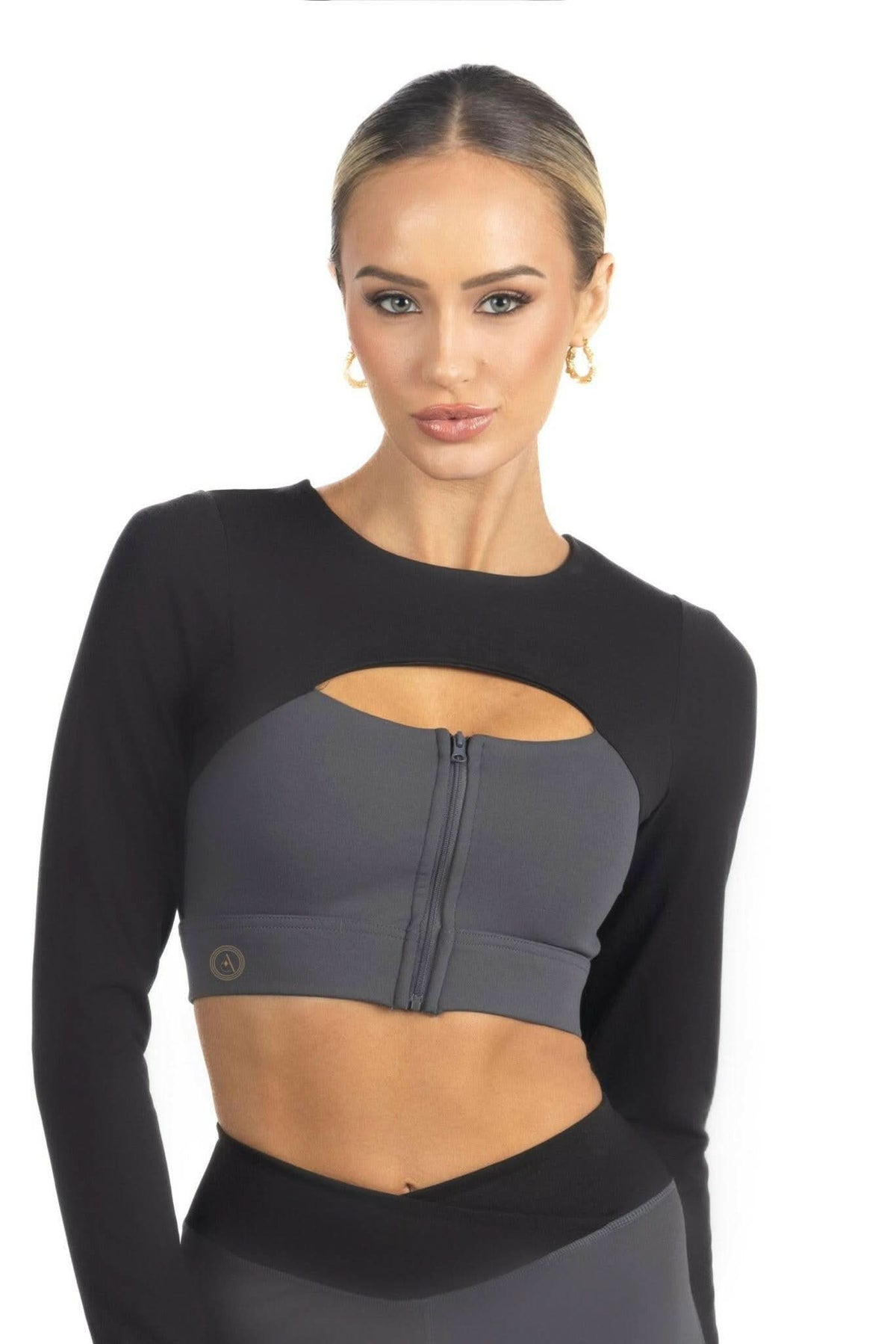 Alisha Color Block Activewear Long Sleeve Top in Black Akalia
