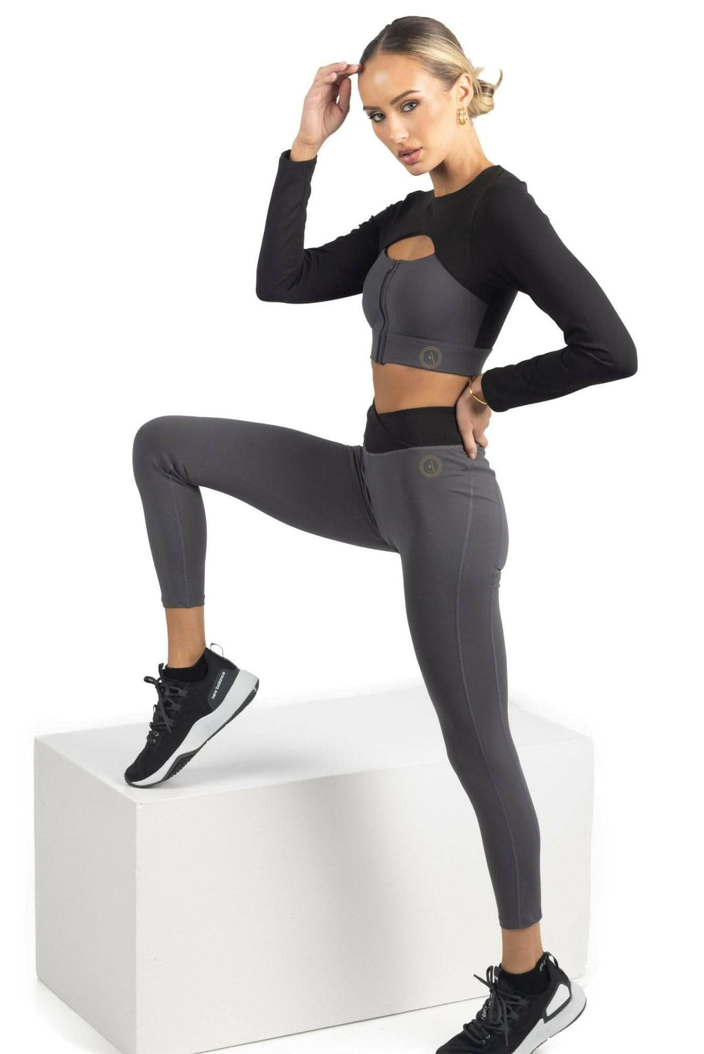Alisha Color Block Activewear Long Sleeve Top in Black Akalia
