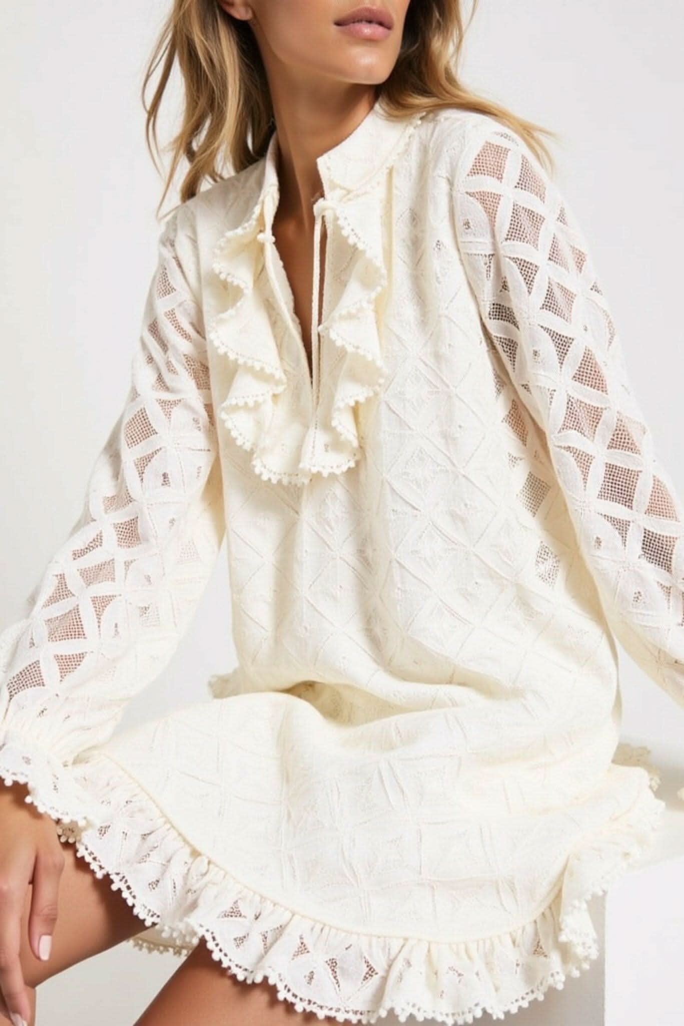 Amber Puff Sleeve Flare Dress (Beige) Akalia