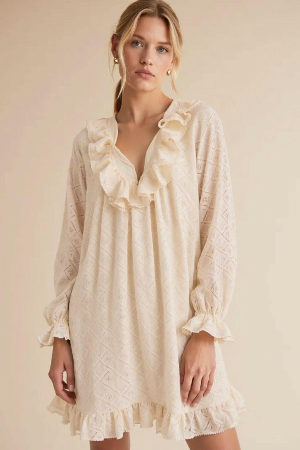 Amber Puff Sleeve Flare Dress (Beige) Akalia