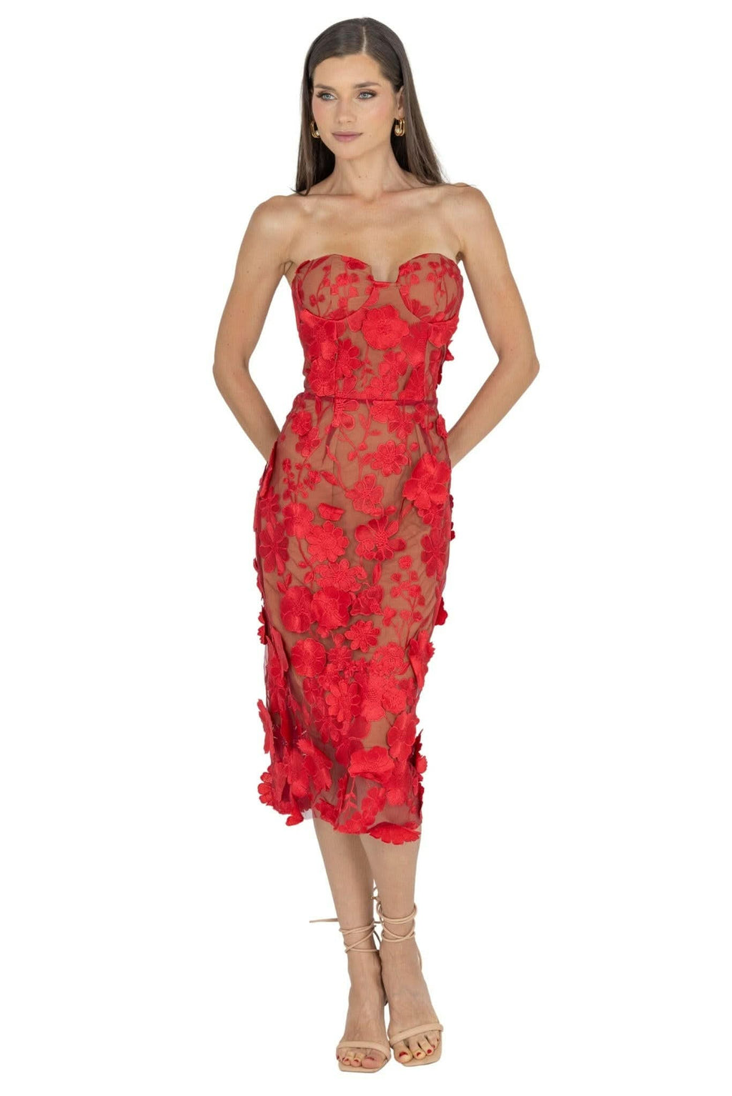 Anni Floral Embroidered Strapless Midi Dress Akalia