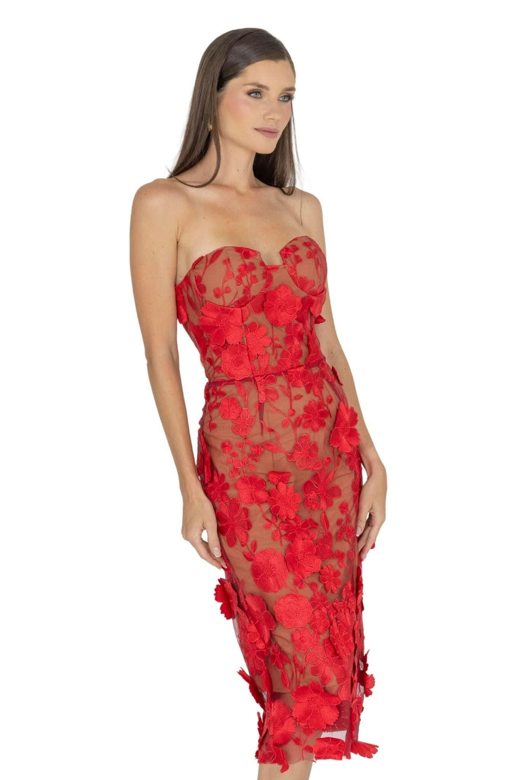 Anni Floral Embroidered Strapless Midi Dress Akalia
