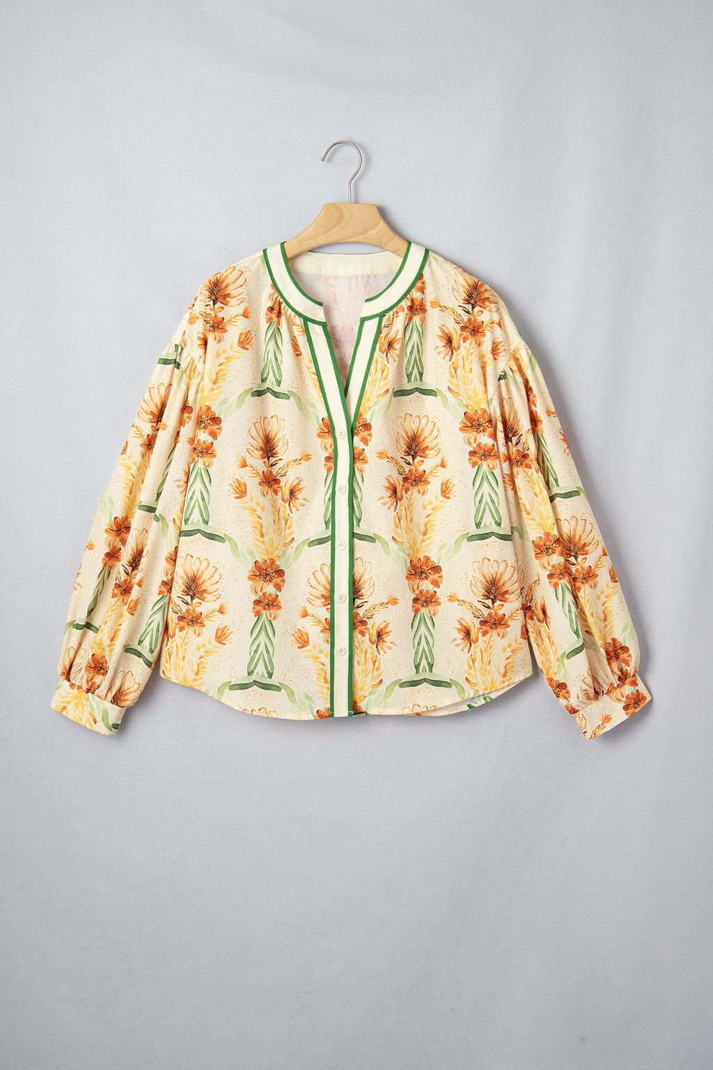 Floral Stripe Contrast V-Neck Puff Long Sleeve Blouse Pretty Bash