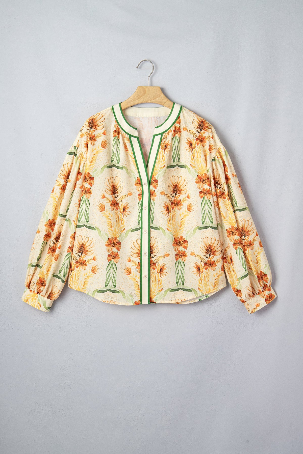 Floral Stripe Contrast V-Neck Puff Long Sleeve Blouse Pretty Bash