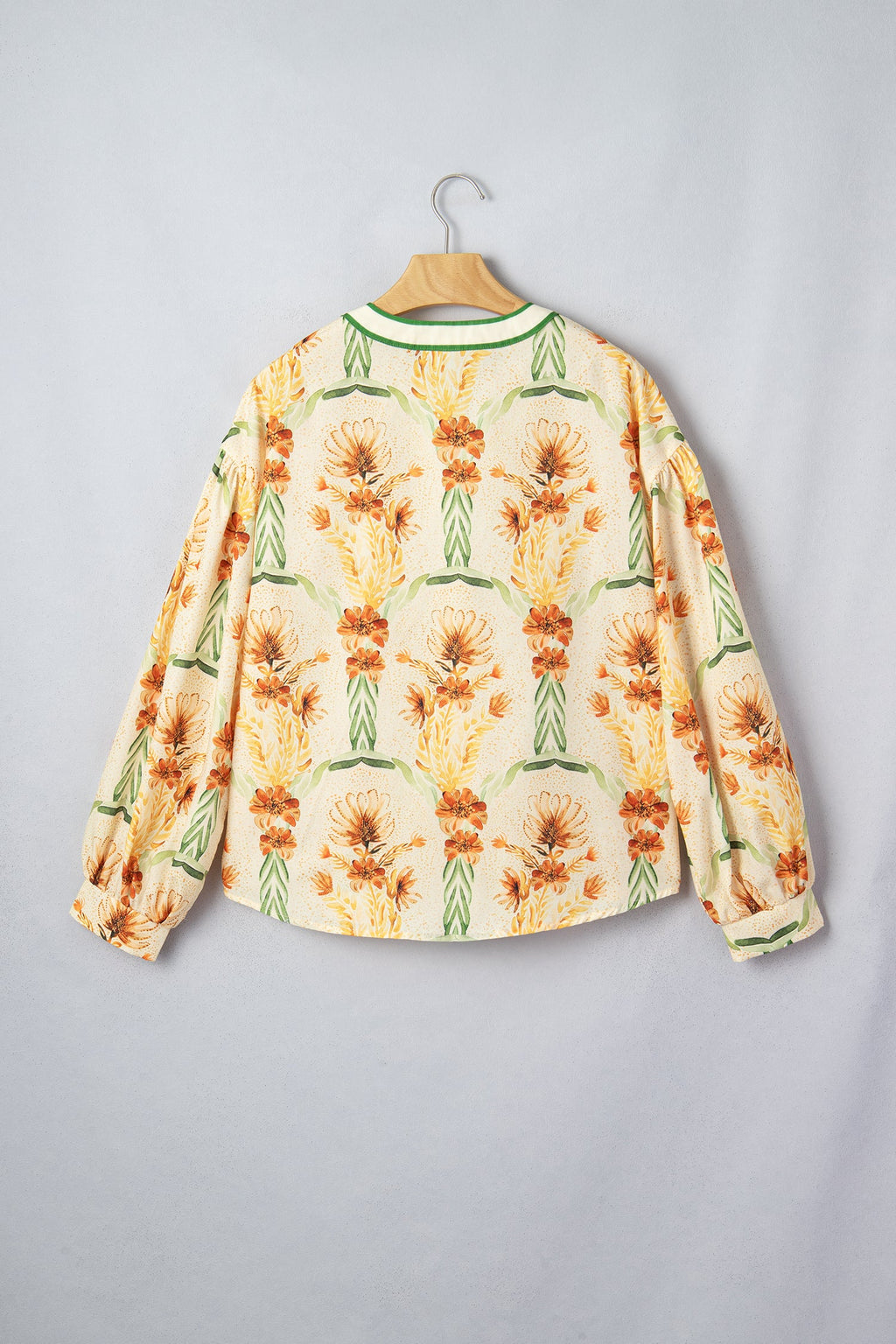 Floral Stripe Contrast V-Neck Puff Long Sleeve Blouse Pretty Bash