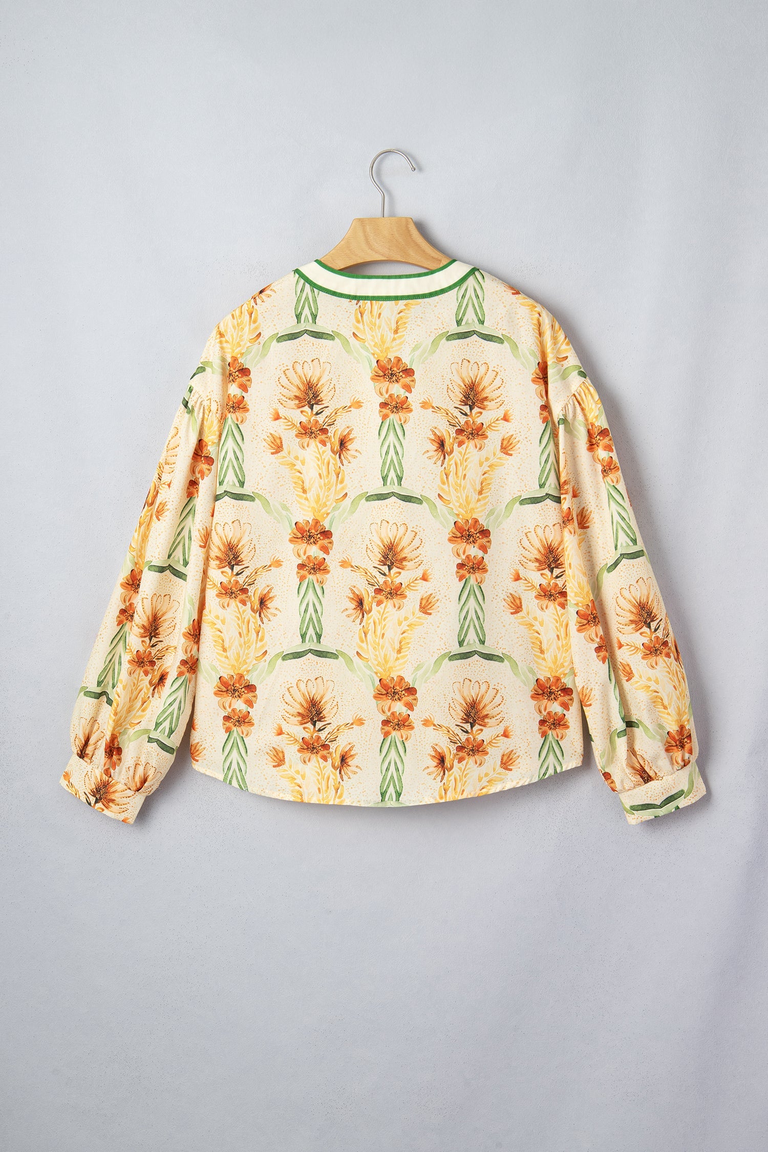Floral Stripe Contrast V-Neck Puff Long Sleeve Blouse Pretty Bash