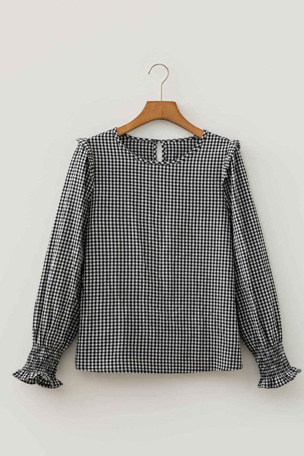 Gingham Shirred Cuff Long Sleeve Round Neck Blouse Pretty Bash