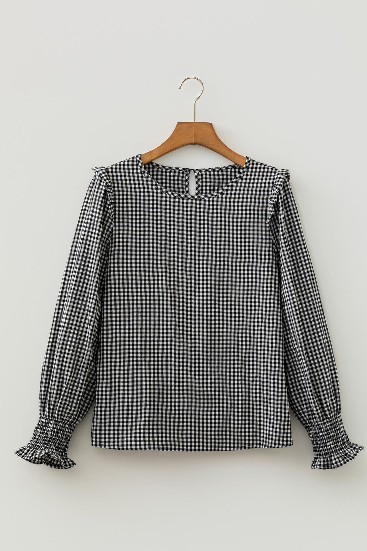 Gingham Shirred Cuff Long Sleeve Round Neck Blouse Pretty Bash