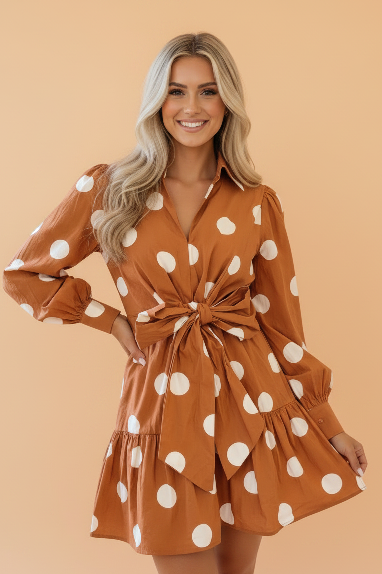 Polka Dot Long Sleeve Tie Waist Mini Dress Pretty Bash