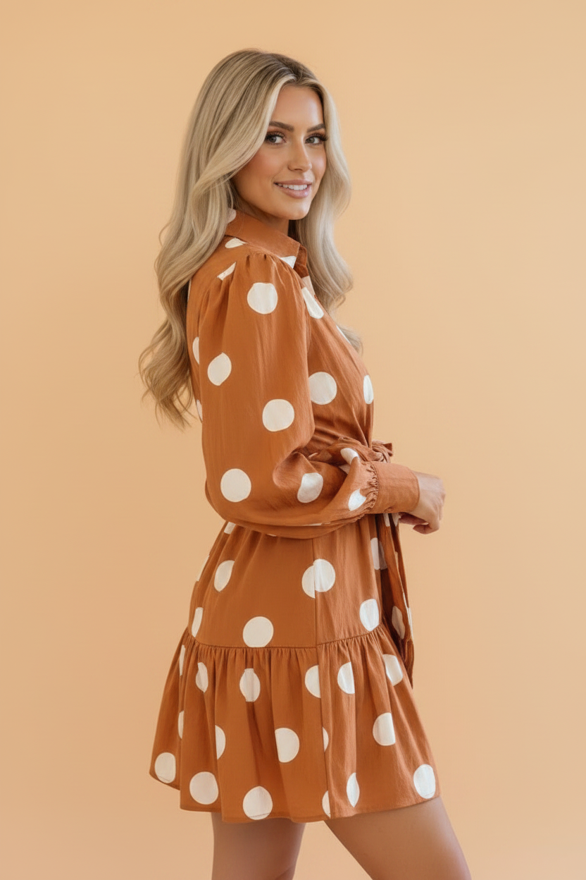 Polka Dot Long Sleeve Tie Waist Mini Dress Pretty Bash