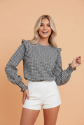Gingham Shirred Cuff Long Sleeve Round Neck Blouse Pretty Bash