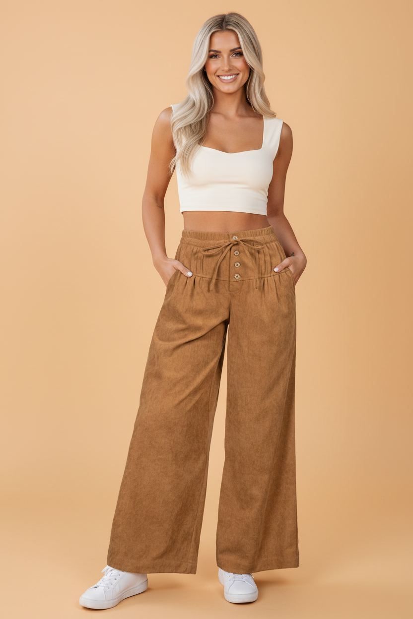 Solid Corduroy Buttoned Elastic Waist Wide Leg Pants Pretty Bash
