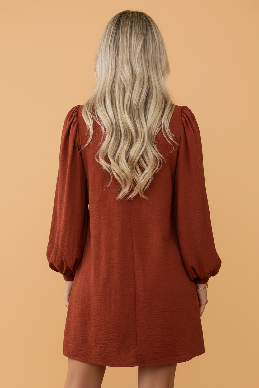 Solid Puff Long Sleeve Ruffle Shift Mini Dress Pretty Bash