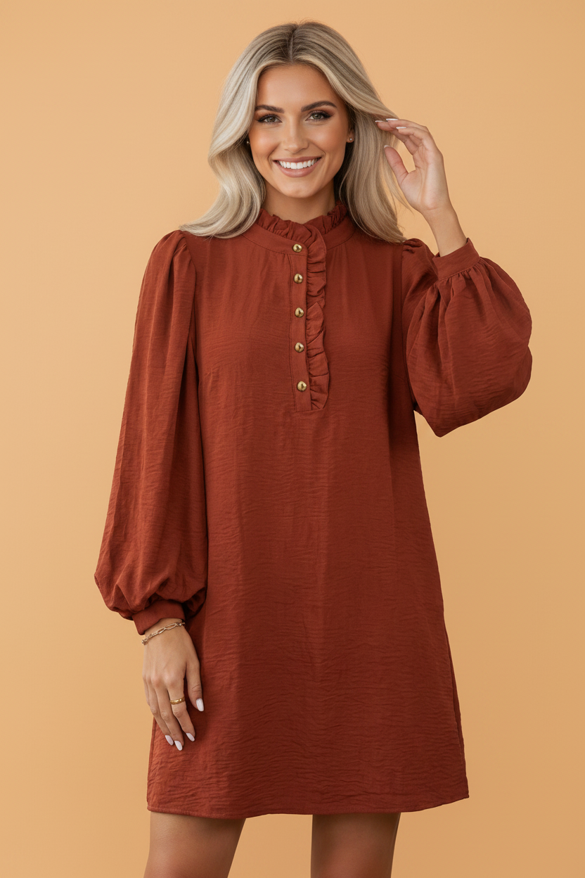 Solid Puff Long Sleeve Ruffle Shift Mini Dress Pretty Bash